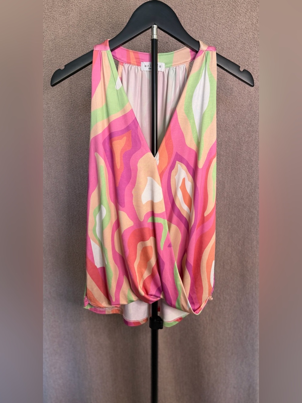 Ariella Abstract Swirl Draped Sleeveless Top Pink Green Orange Made USA